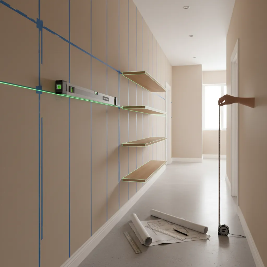 Planning hallway shelves with wall studs and layout visualization