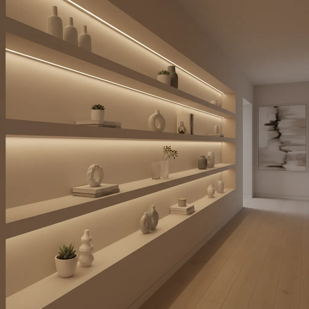 Hallway shelves with integrated LED lighting highlighting decor