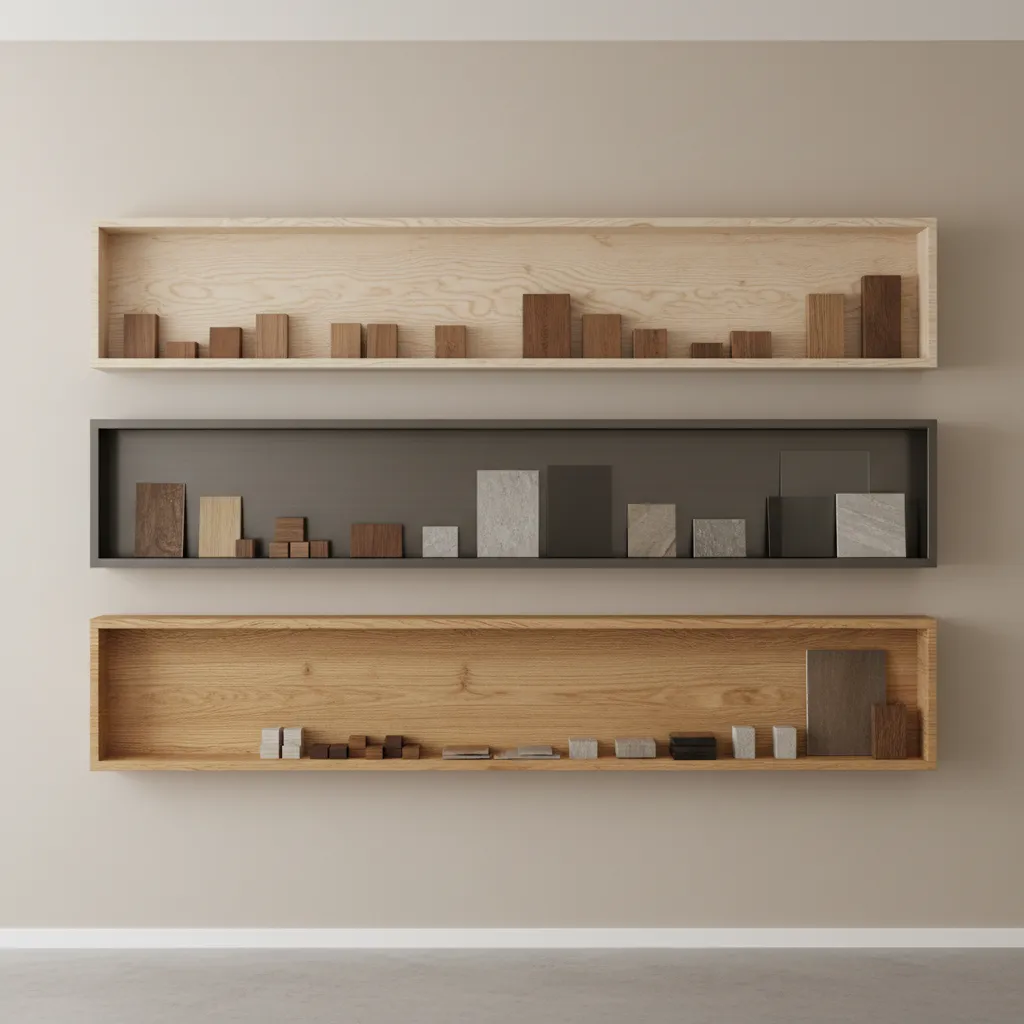 Different hallway shelf materials including wood metal and plywood
