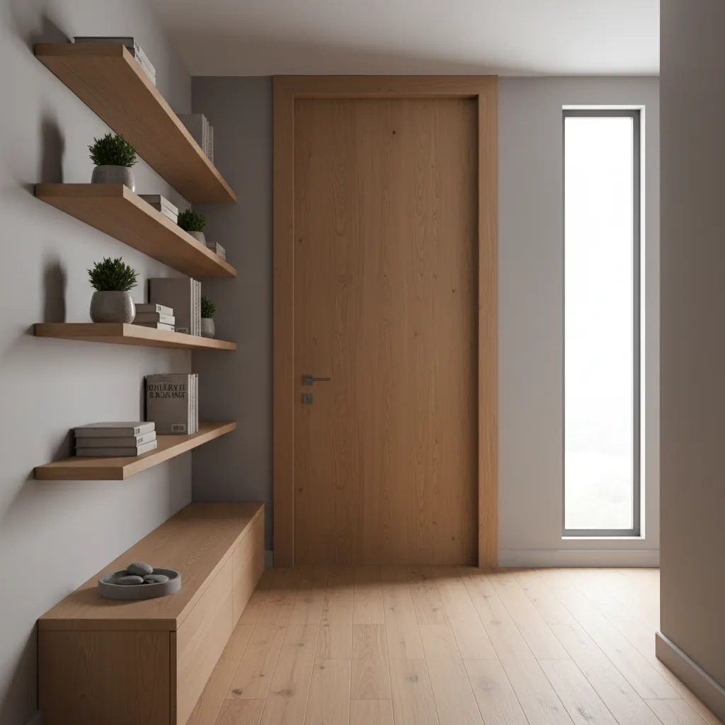 Stylish hallway with floating shelves matching door trim and decor