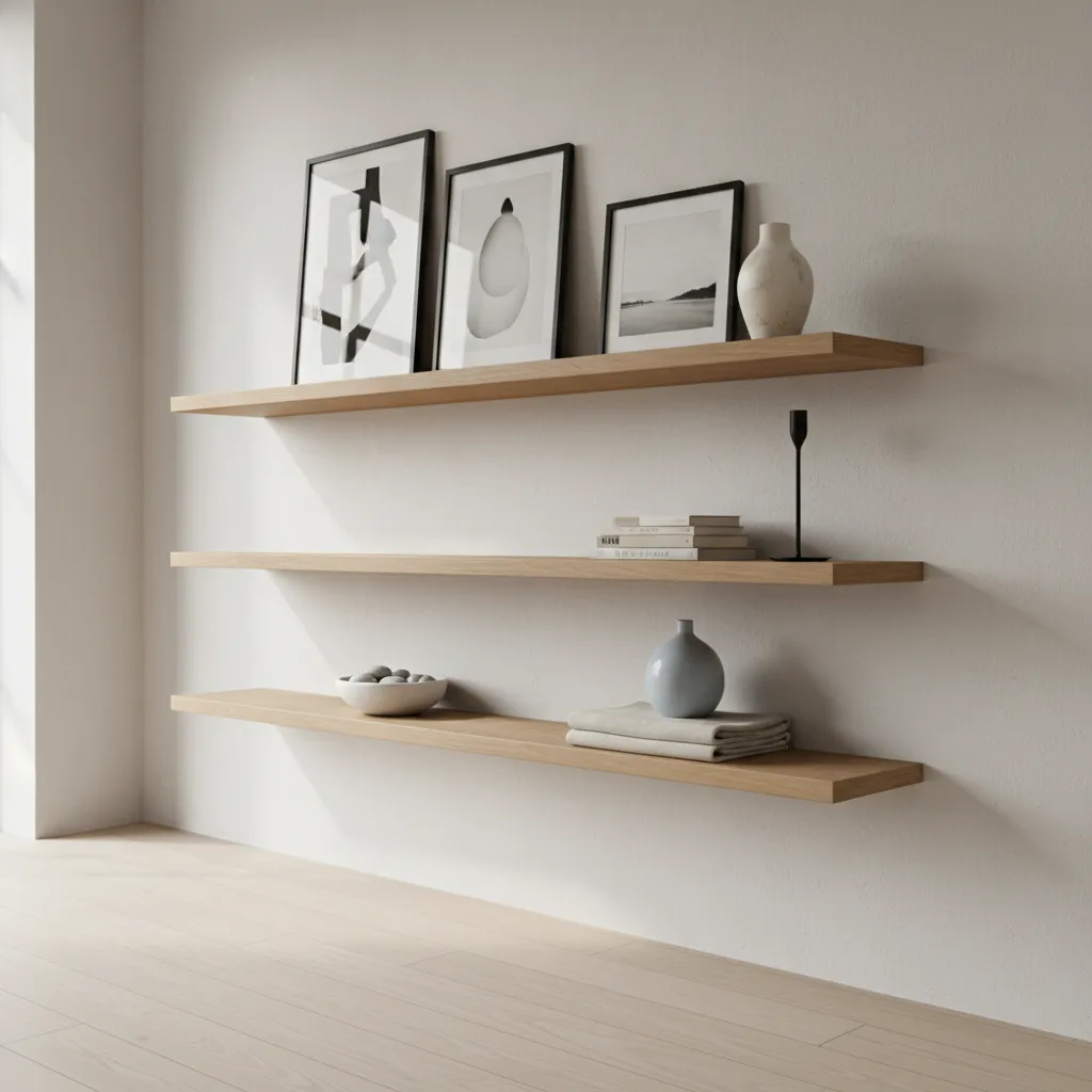styled hallway floating shelves with framed art and decor objects