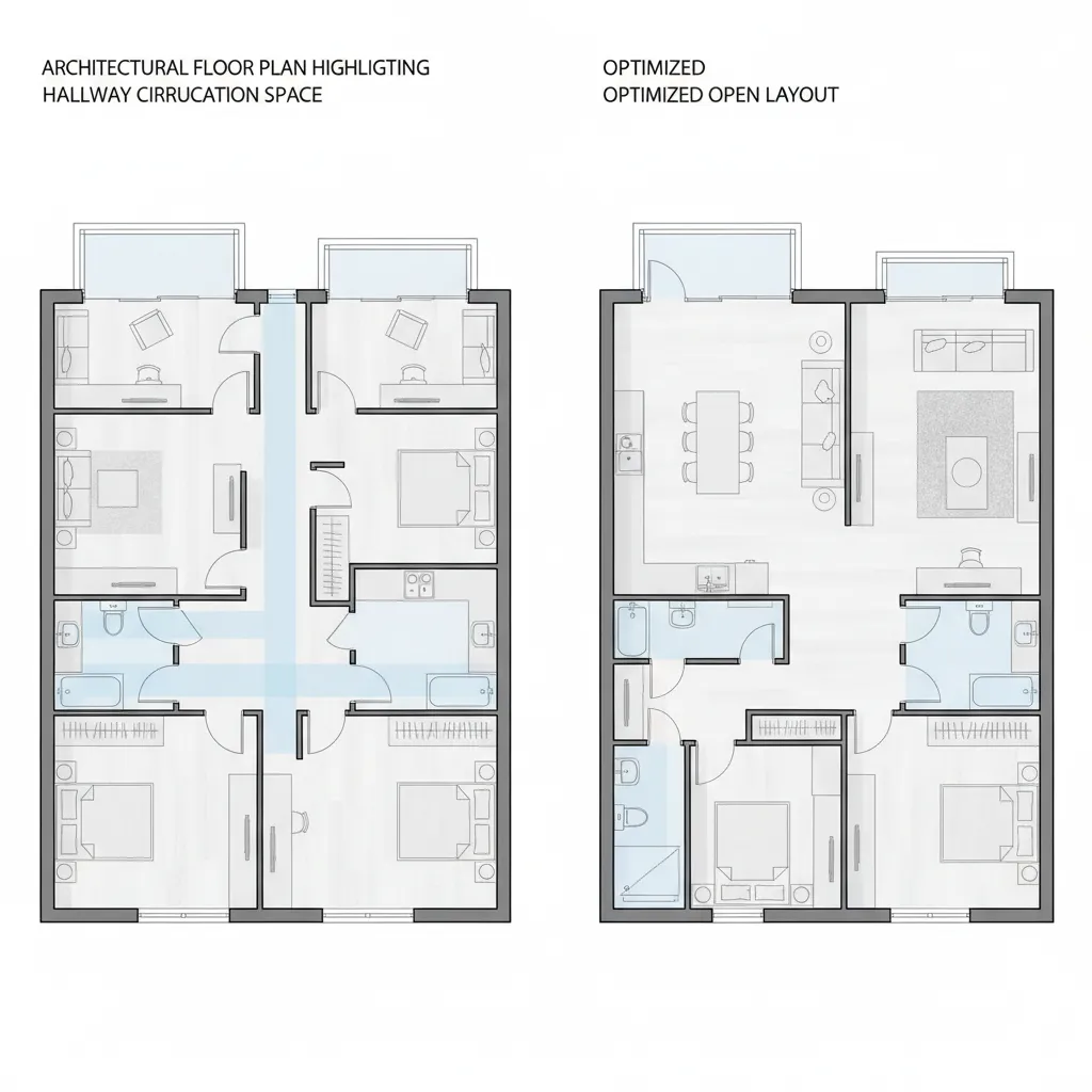 floor plan highlighting excessive hallway space compared with efficient layout