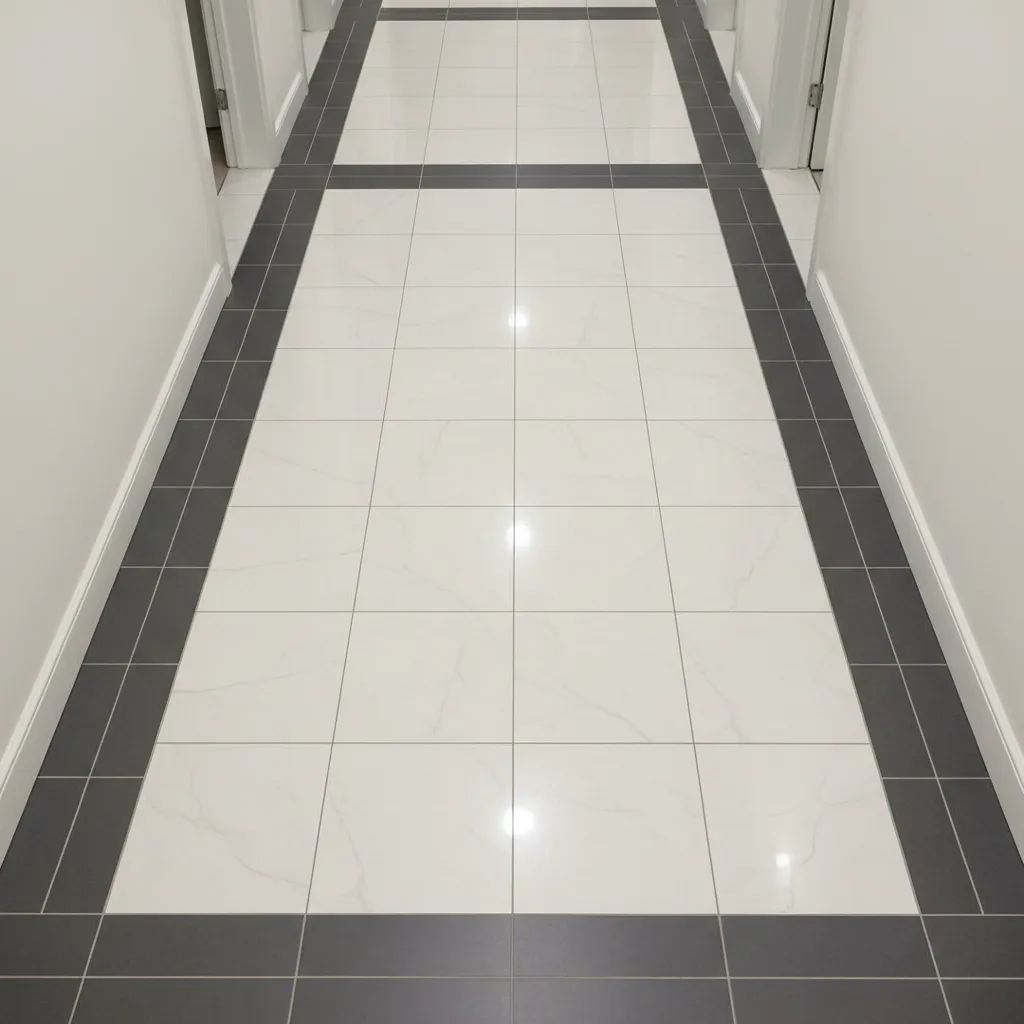 Hallway floor plan style view showing tile border framing the center walking path