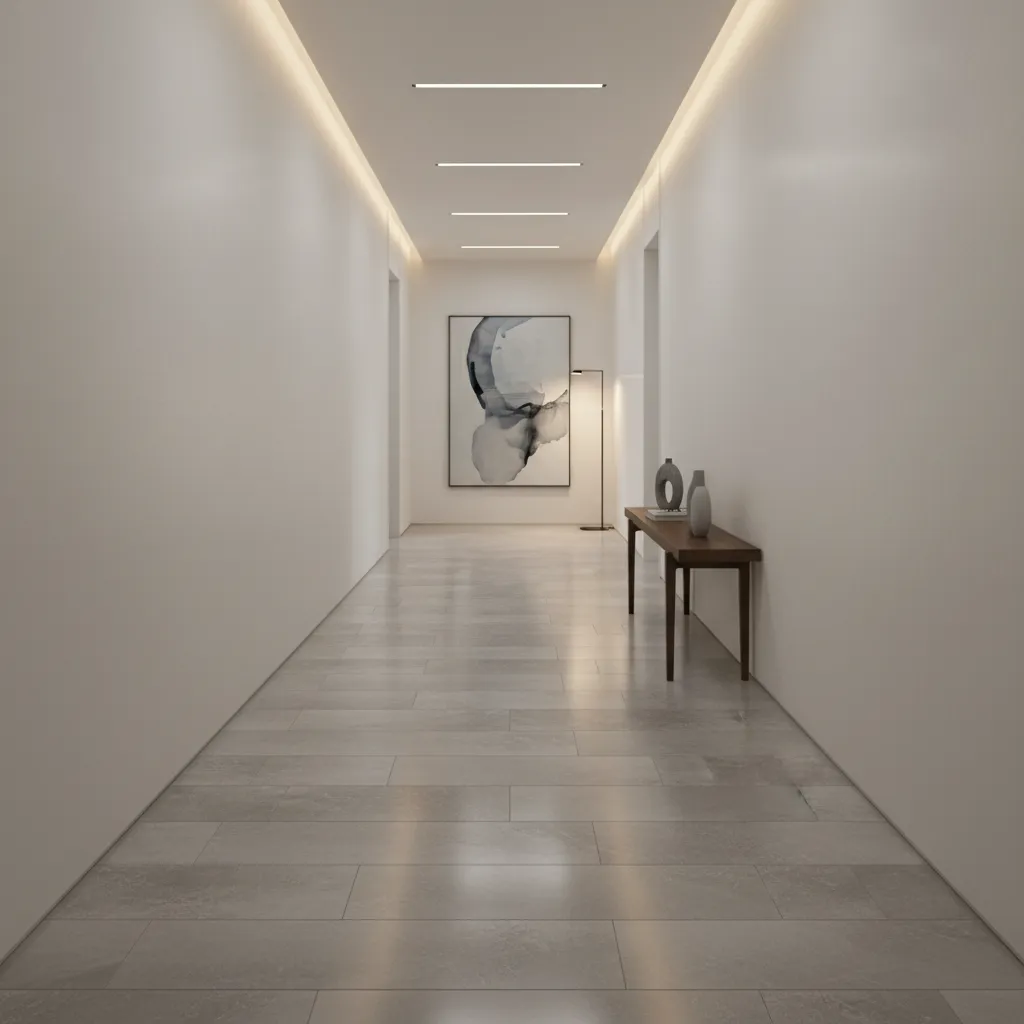 Rectangular tiles installed across hallway width to visually expand space