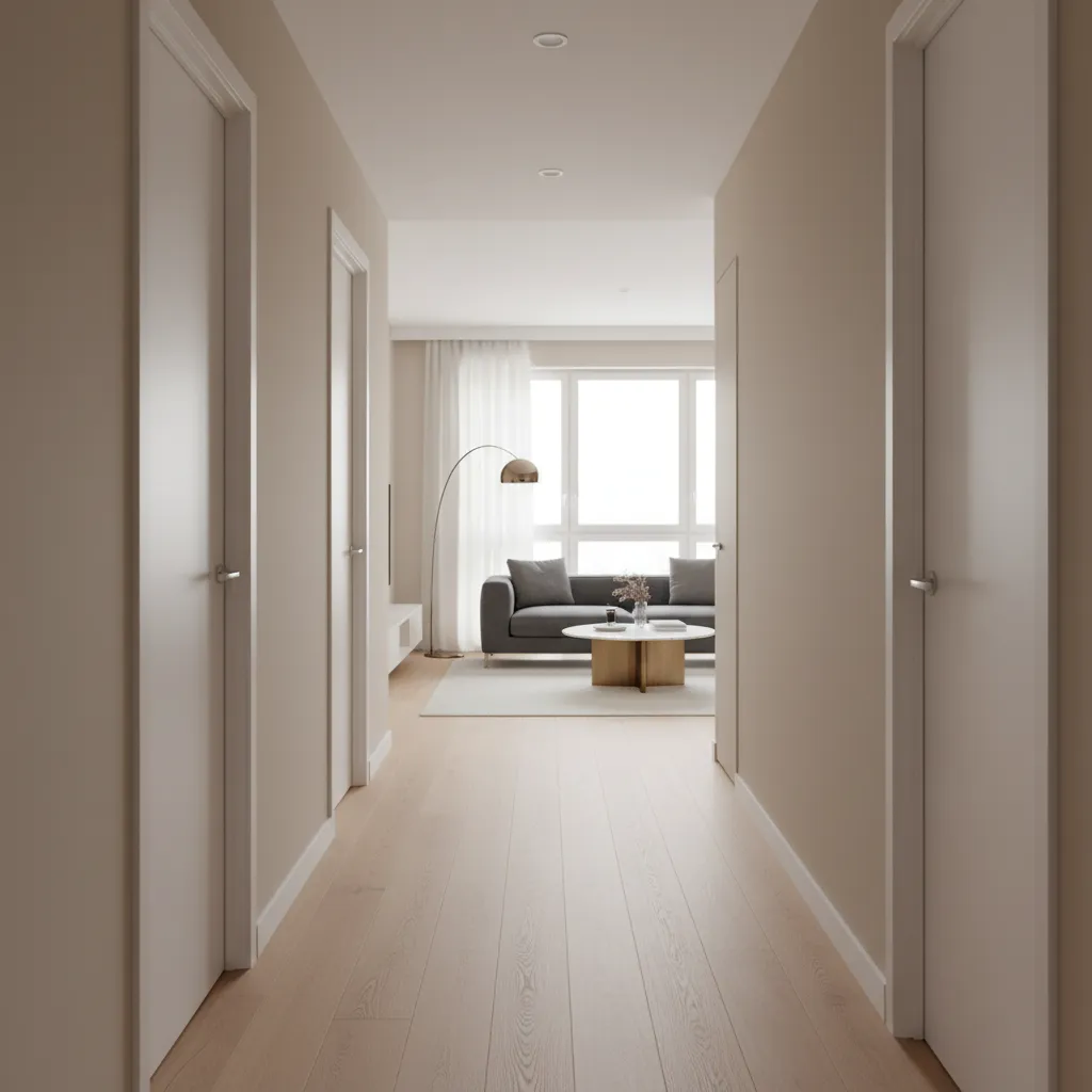 hallway with continuous wood flooring connecting entry and living room