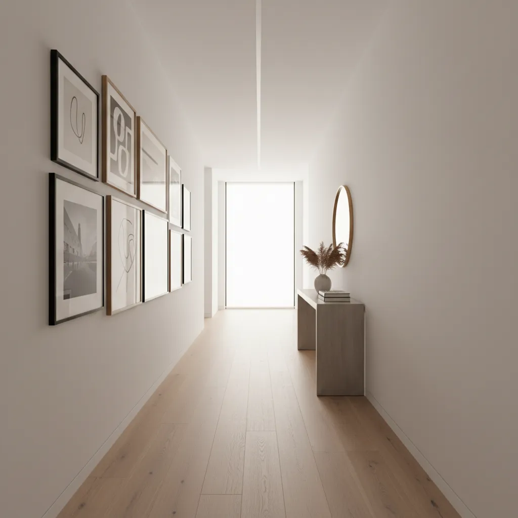 Modern white hallway with framed wall art wooden floor console table round mirror and light