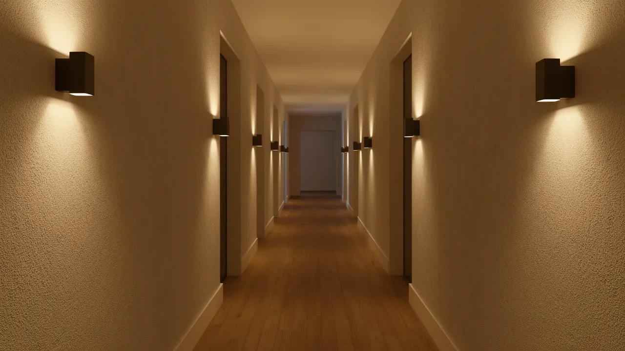 Modern hallway with evenly spaced wall sconces creating rhythm