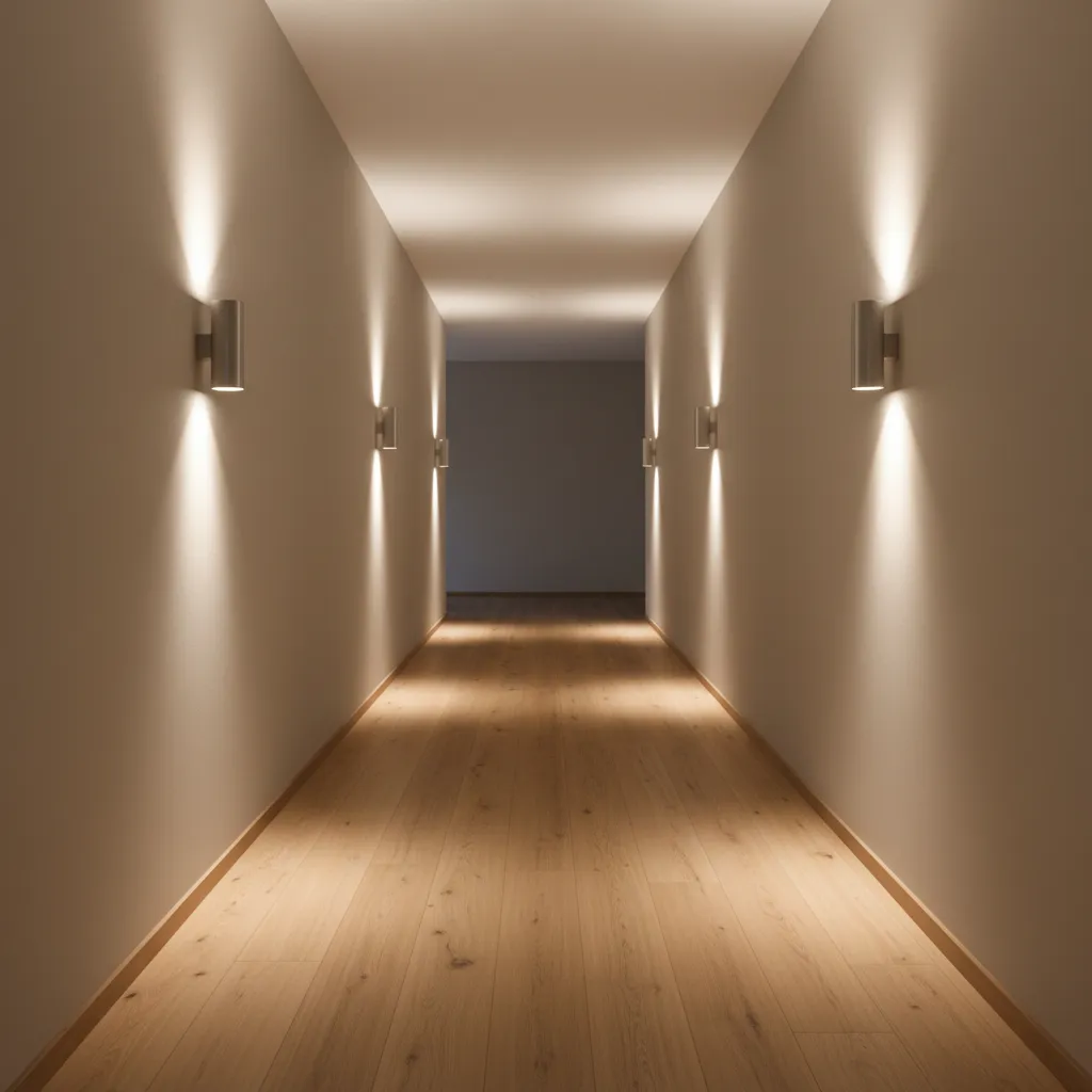 Narrow hallway with evenly spaced wall sconces lighting the walls