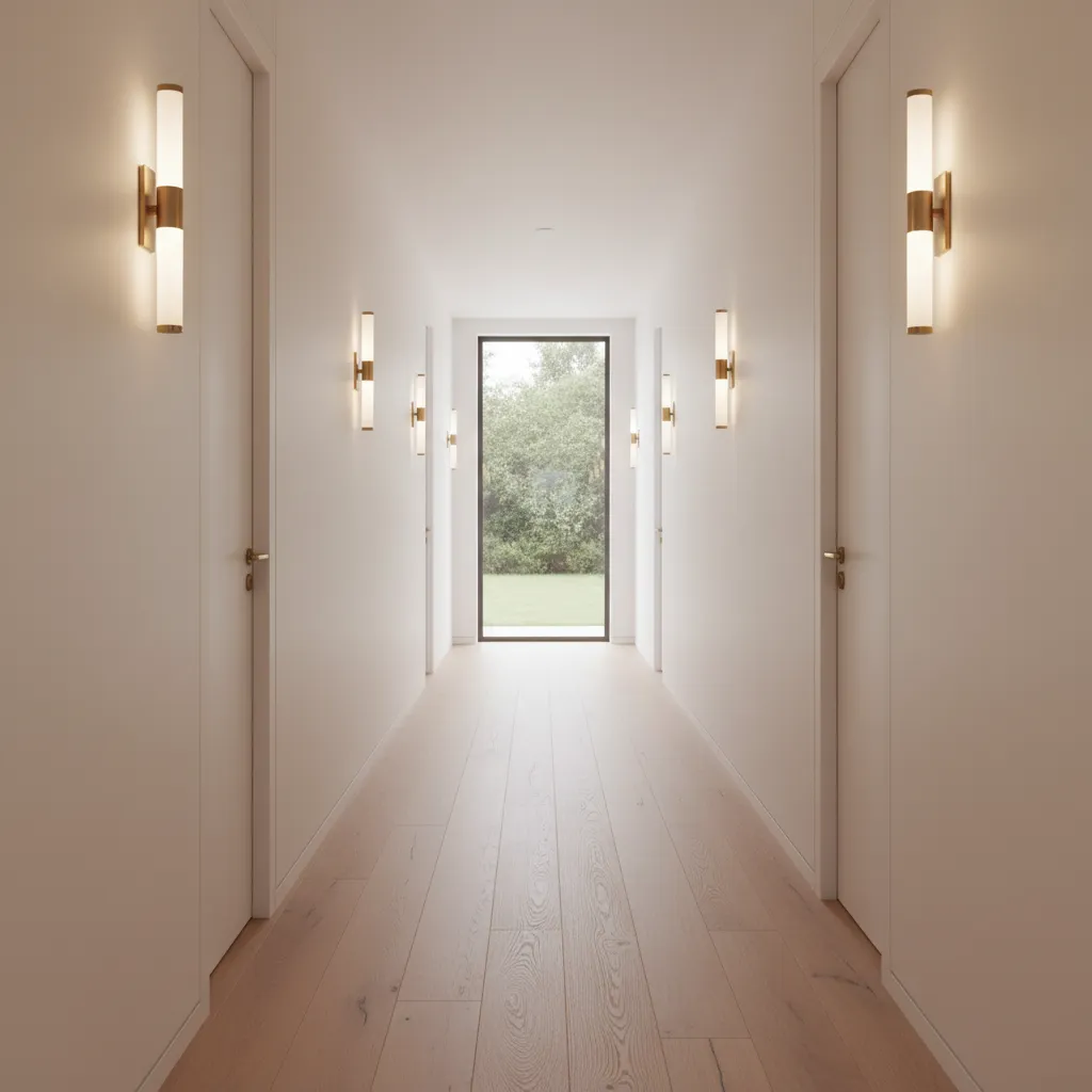 Narrow hallway illuminated with modern wall sconces
