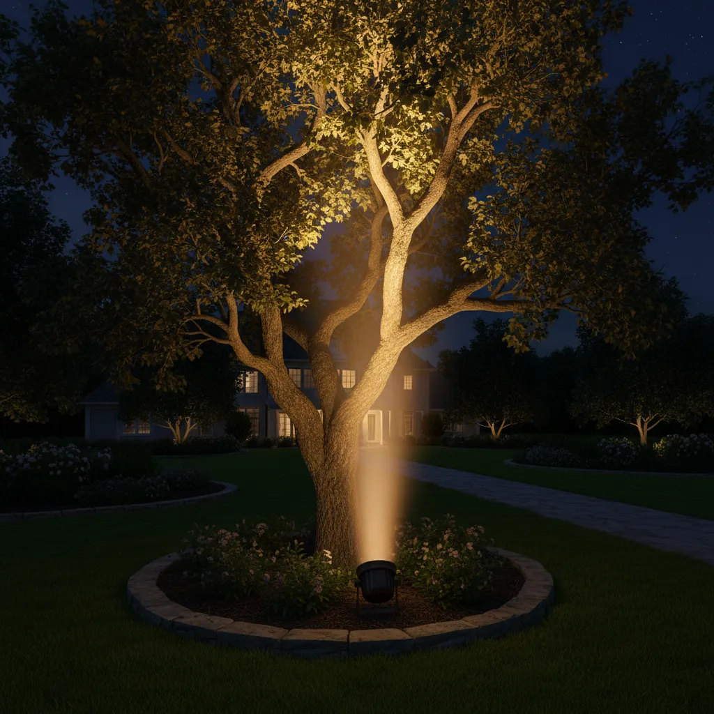 Halogen landscape spotlight illuminating a large garden tree at night