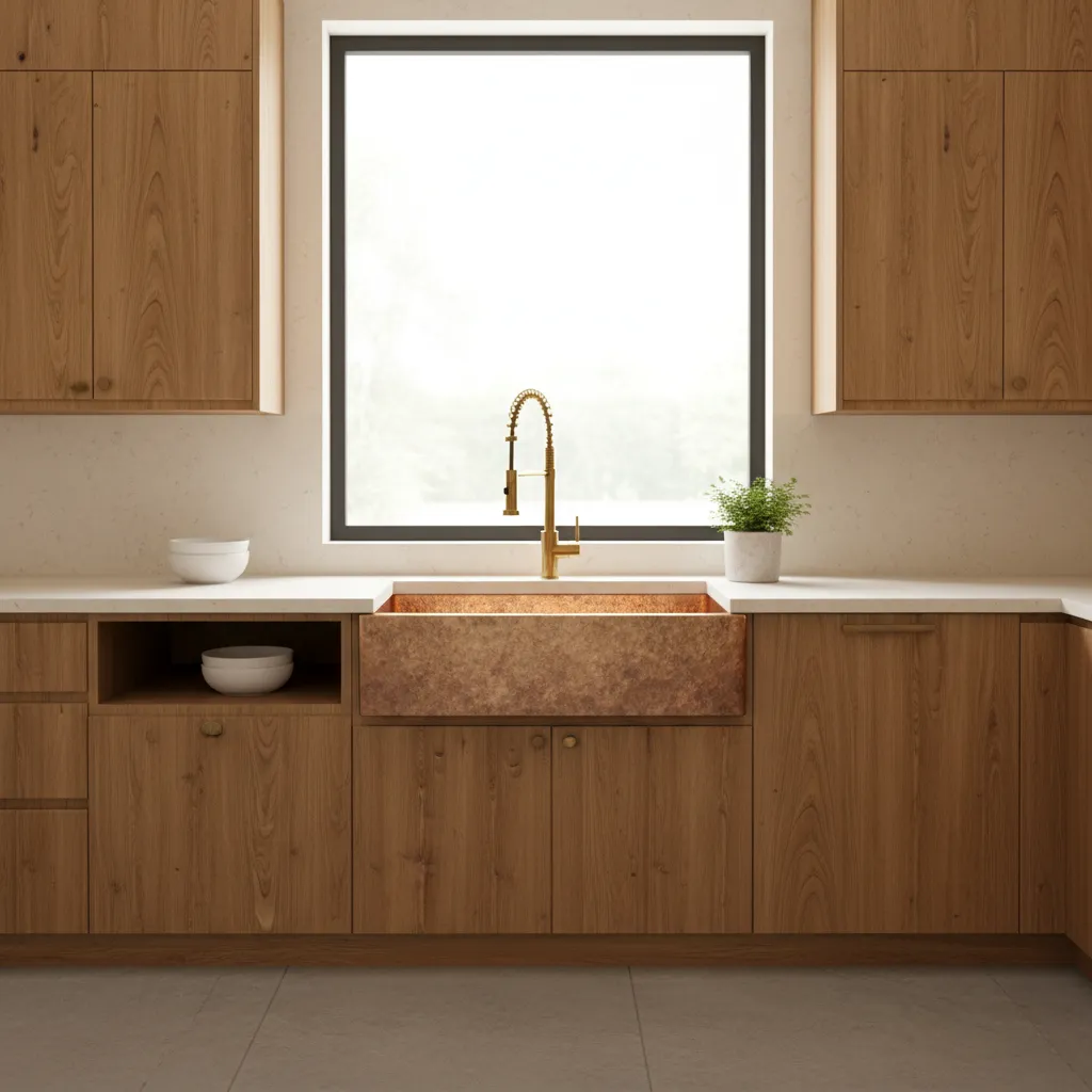 Hammered copper farmhouse sink installed in a warm modern kitchen