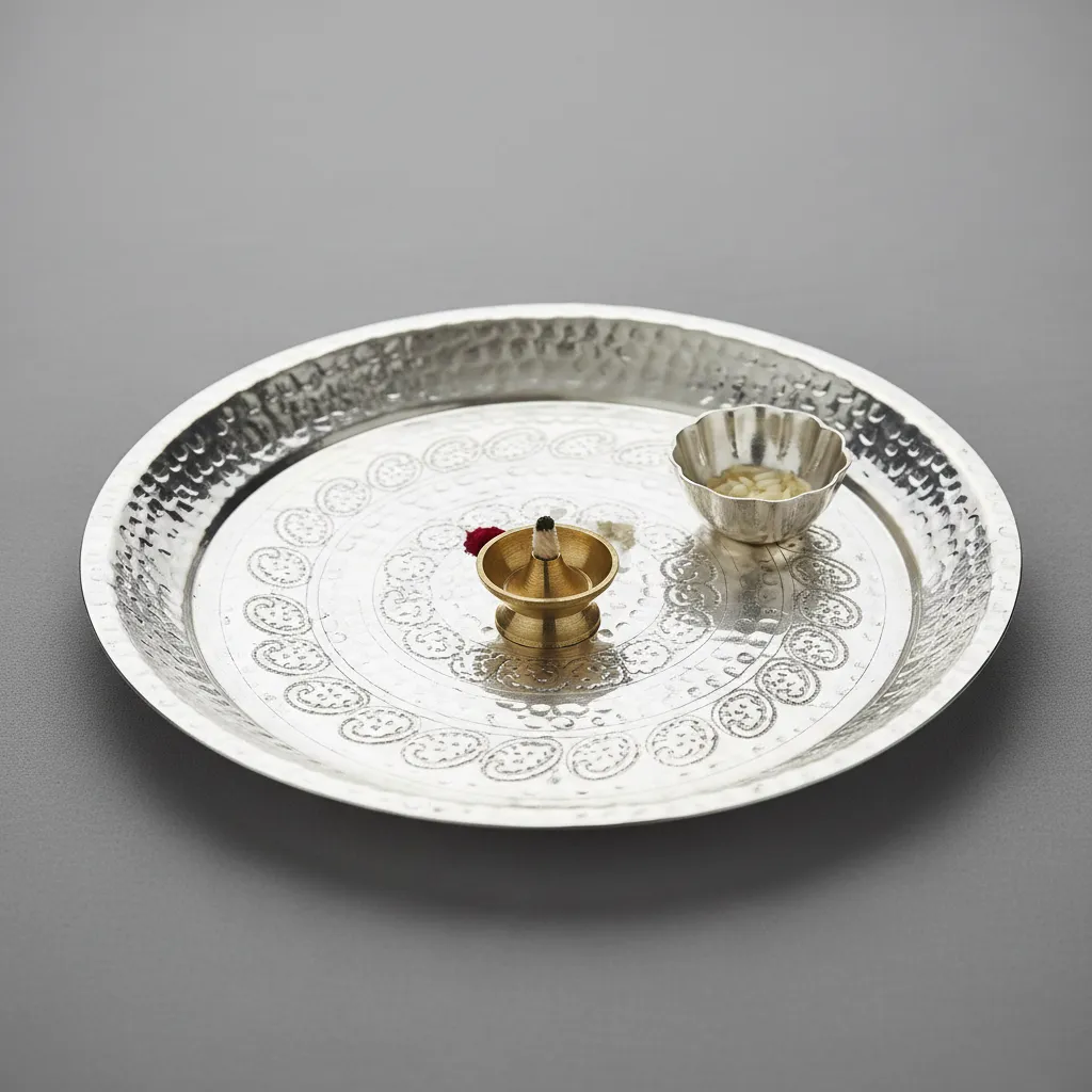 Hand hammered silver pooja thali with textured surface