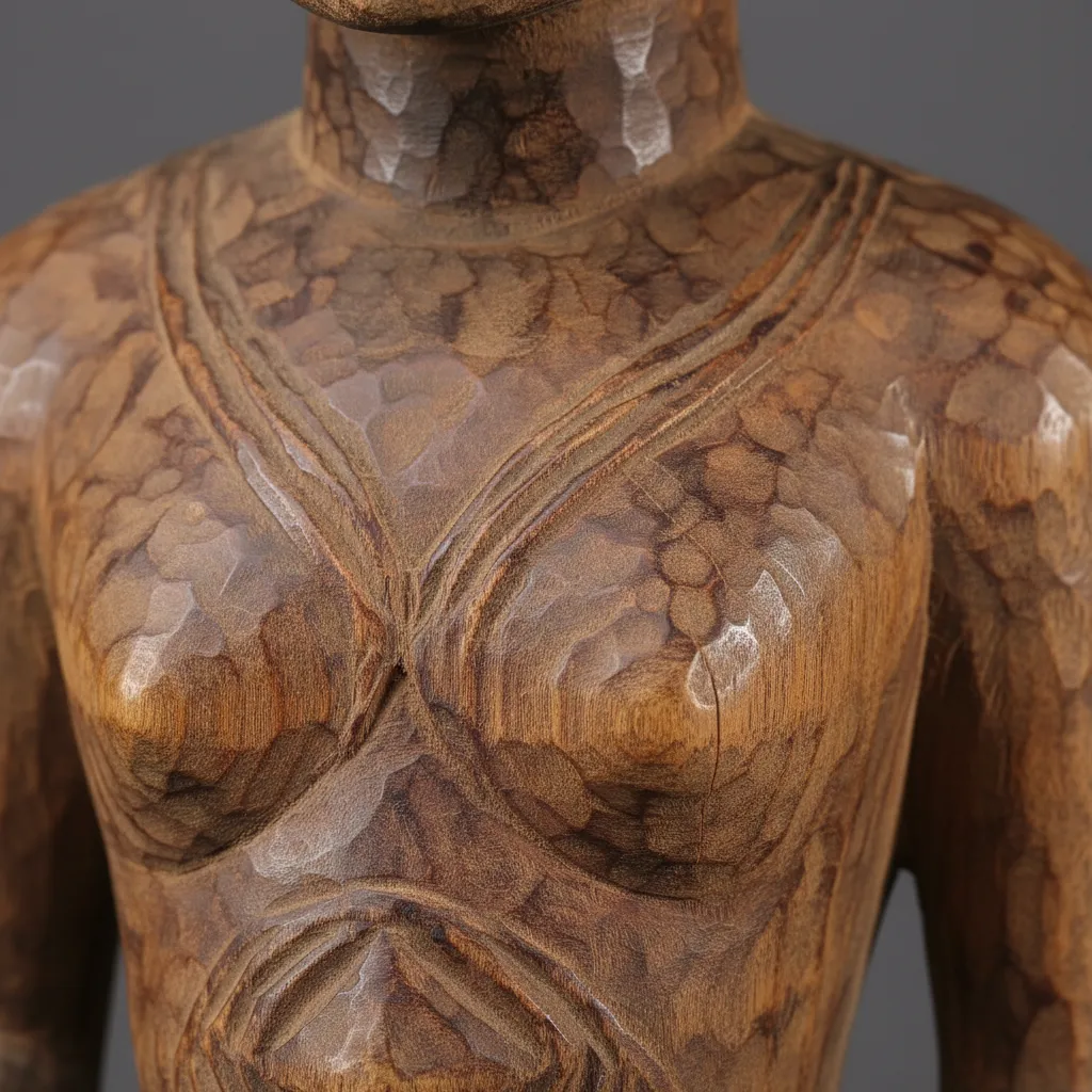 Close up showing hand carving marks on African wooden statue