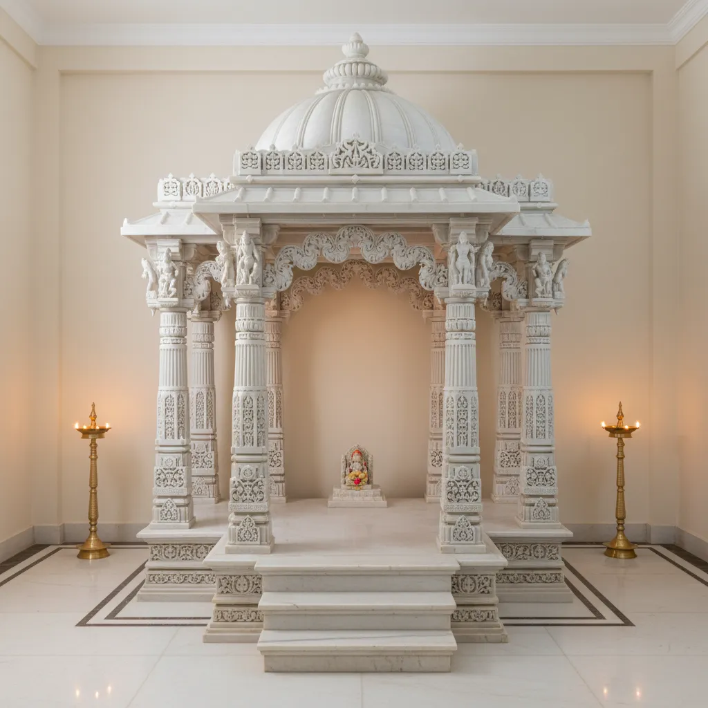 Hand carved Makrana marble pooja mandir floor standing