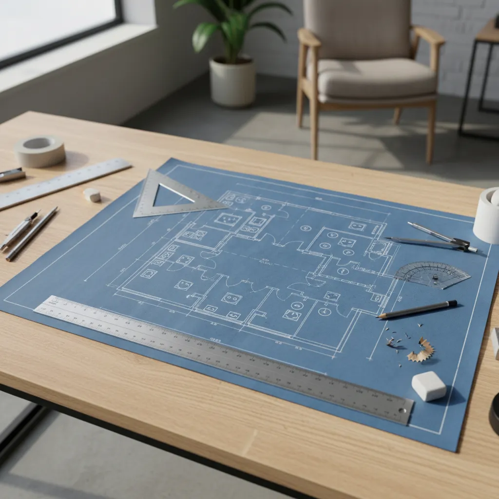 hand drawn electrical floor plan sketch with symbols on architectural blueprint