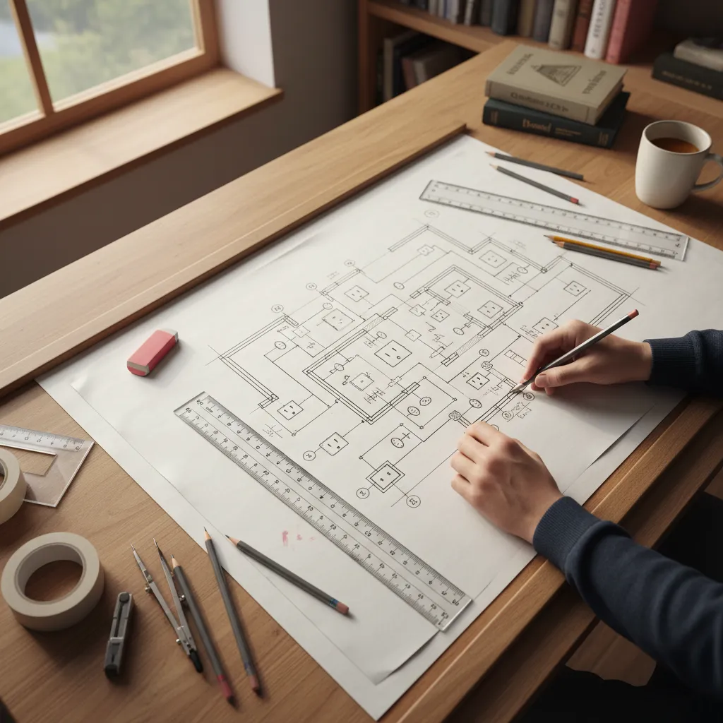 architect sketching electrical floor plan symbols on paper with ruler
