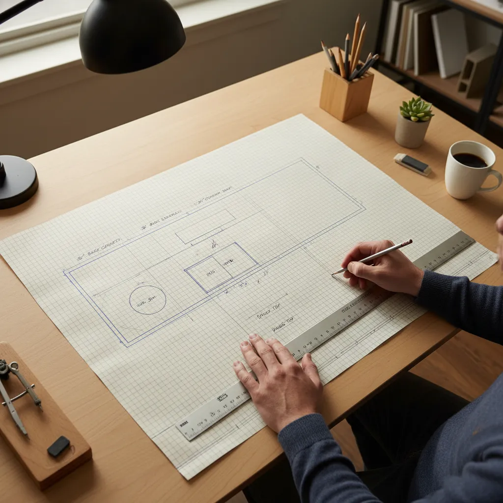 Architect hand drawing a kitchen countertop layout on graph paper with ruler