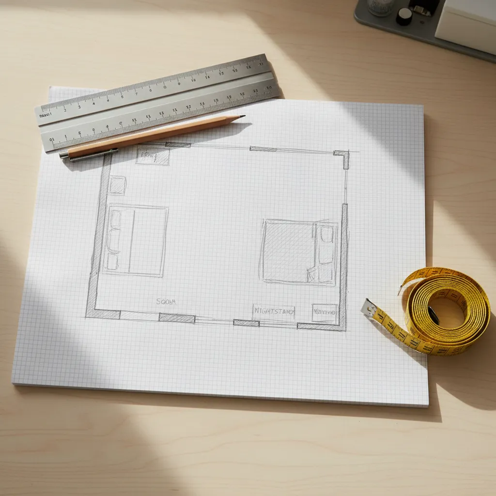 Hand drawn room layout floor plan on graph paper with measurements
