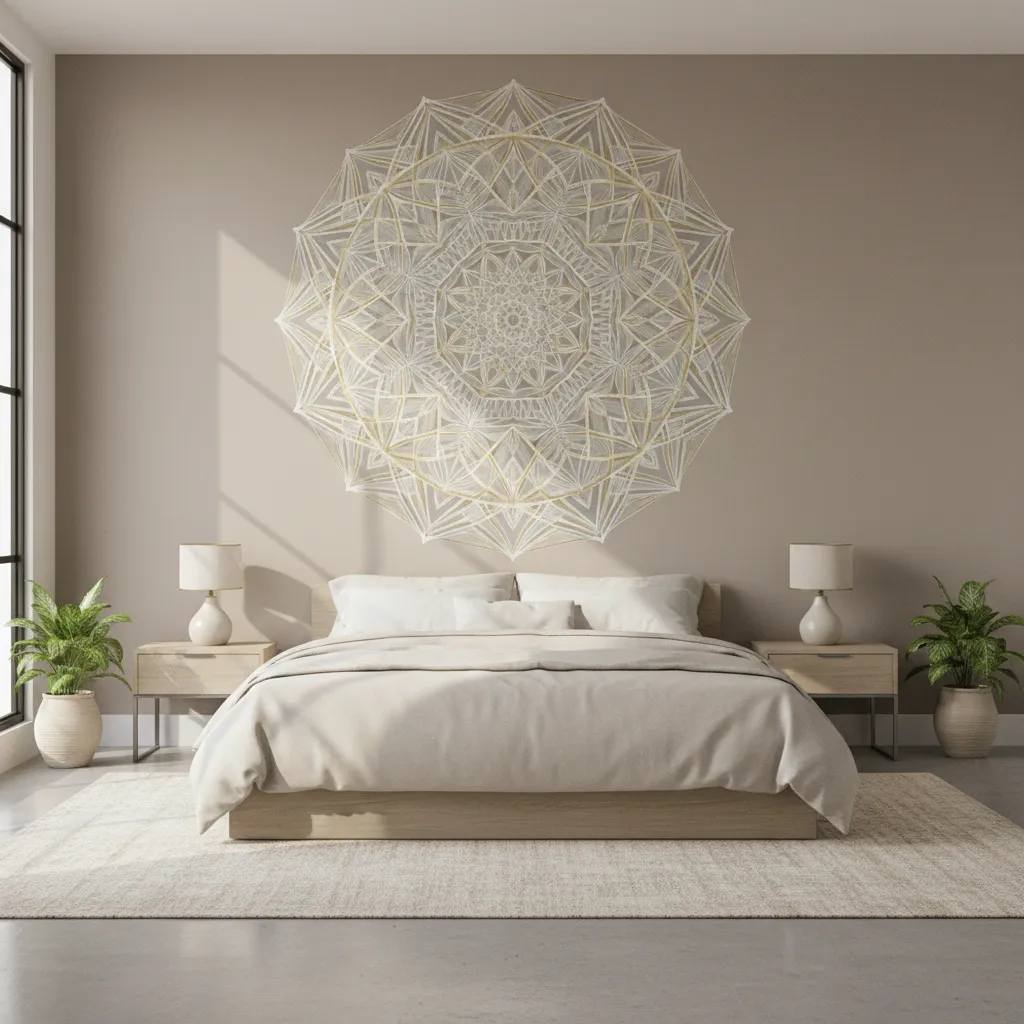 Hand painted mandala wall art in a modern bedroom interior