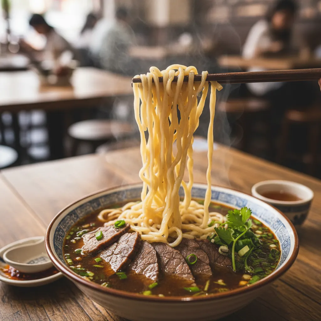 Close up bowl of hand pulled Chinese noodles with beef and broth