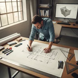 Man drawing an interior design drawing by hand with pens on desk near a computer