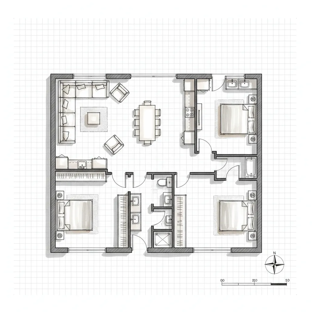 Hand rendered architectural floor plan with markers and annotations