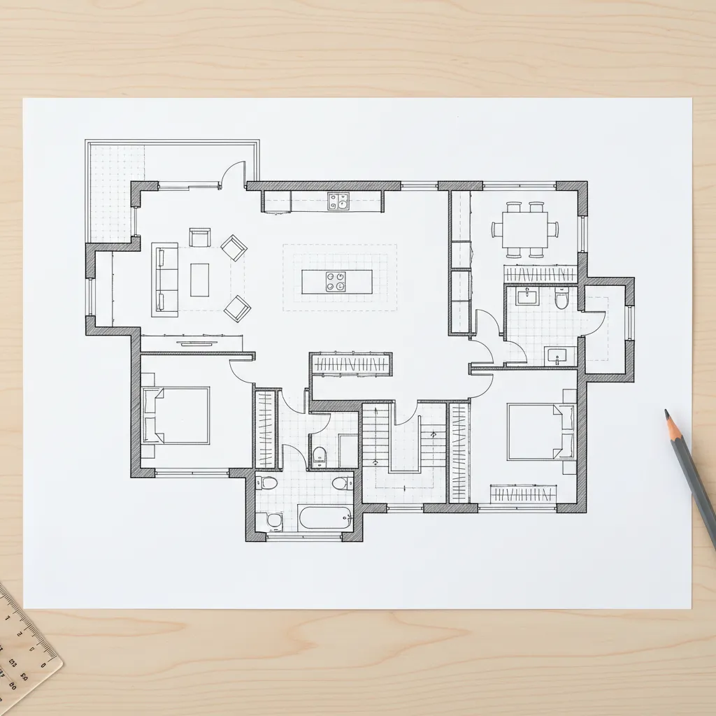Example of a clean hand rendered architectural floor plan with clear line hierarchy