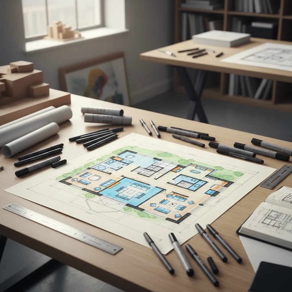 Colorful hand drawn house floor plan on paper surrounded by many markers and drawing tools