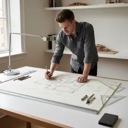 Professional man drawing detailed house floor plan on large paper using pencil and desk lamp