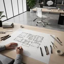 Person drawing an interior design drawing on a wooden desk with pens and a computer