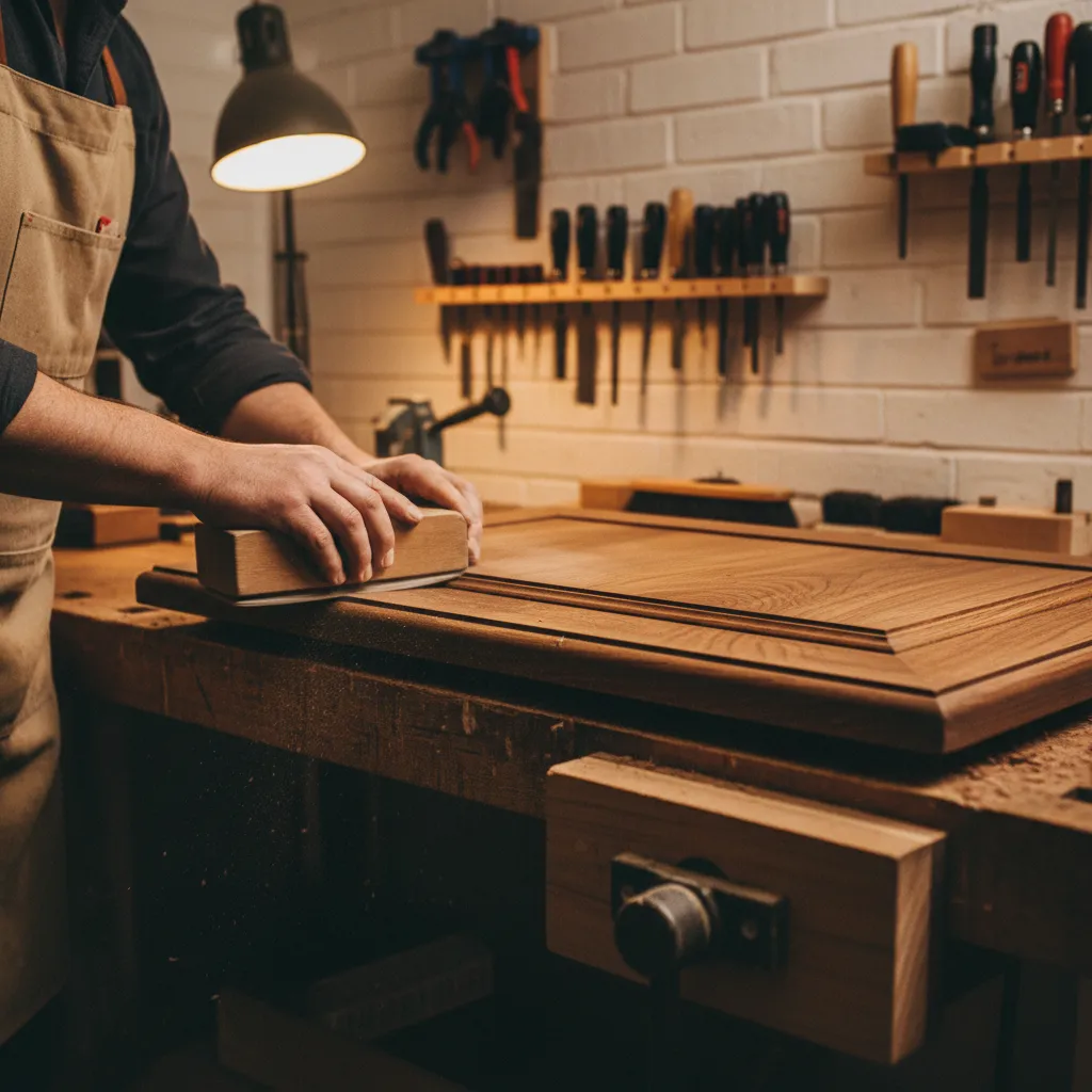 hand sanding antique cabinet wood using sanding block along the grain