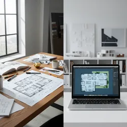 Side by side comparison of hand drawn floor plan sketch and digital floor plan design
