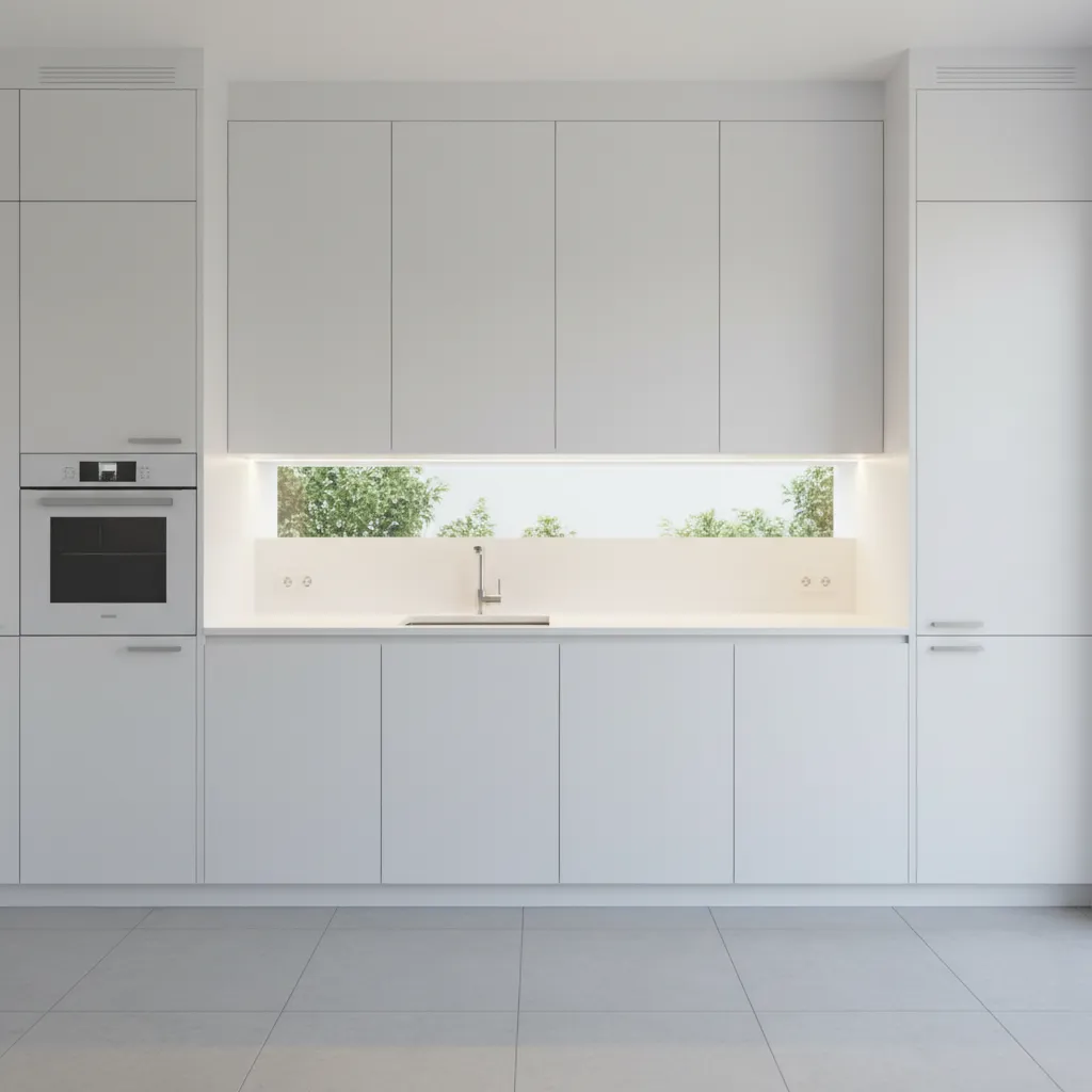 Handleless modern kitchen cabinets in a compact kitchen layout