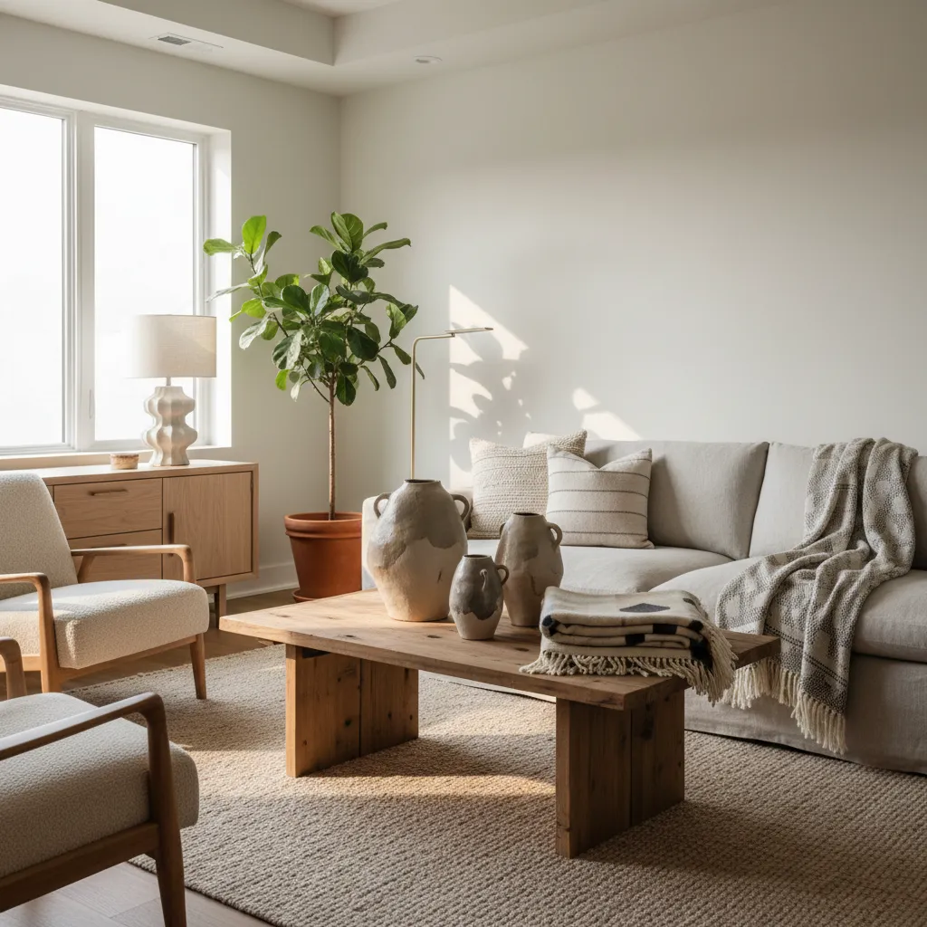 Bright living room featuring beige sofa wooden coffee table ceramic vases green plant and natural sunlight