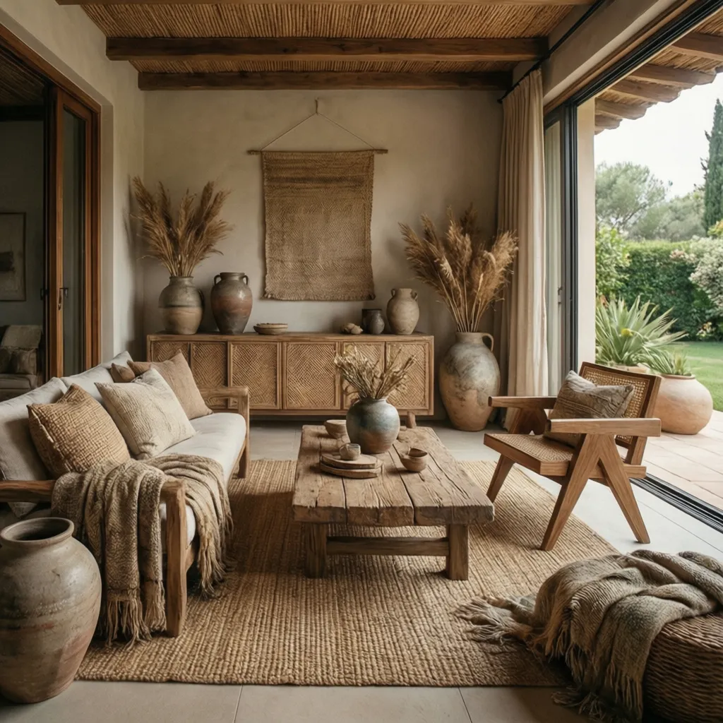 Natural living room with wooden coffee table light sofa woven rug large clay vases and blankets