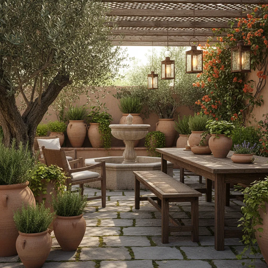 Mediterranean patio with stone water fountain wooden dining table clay plant pots and hanging outdoor lanterns
