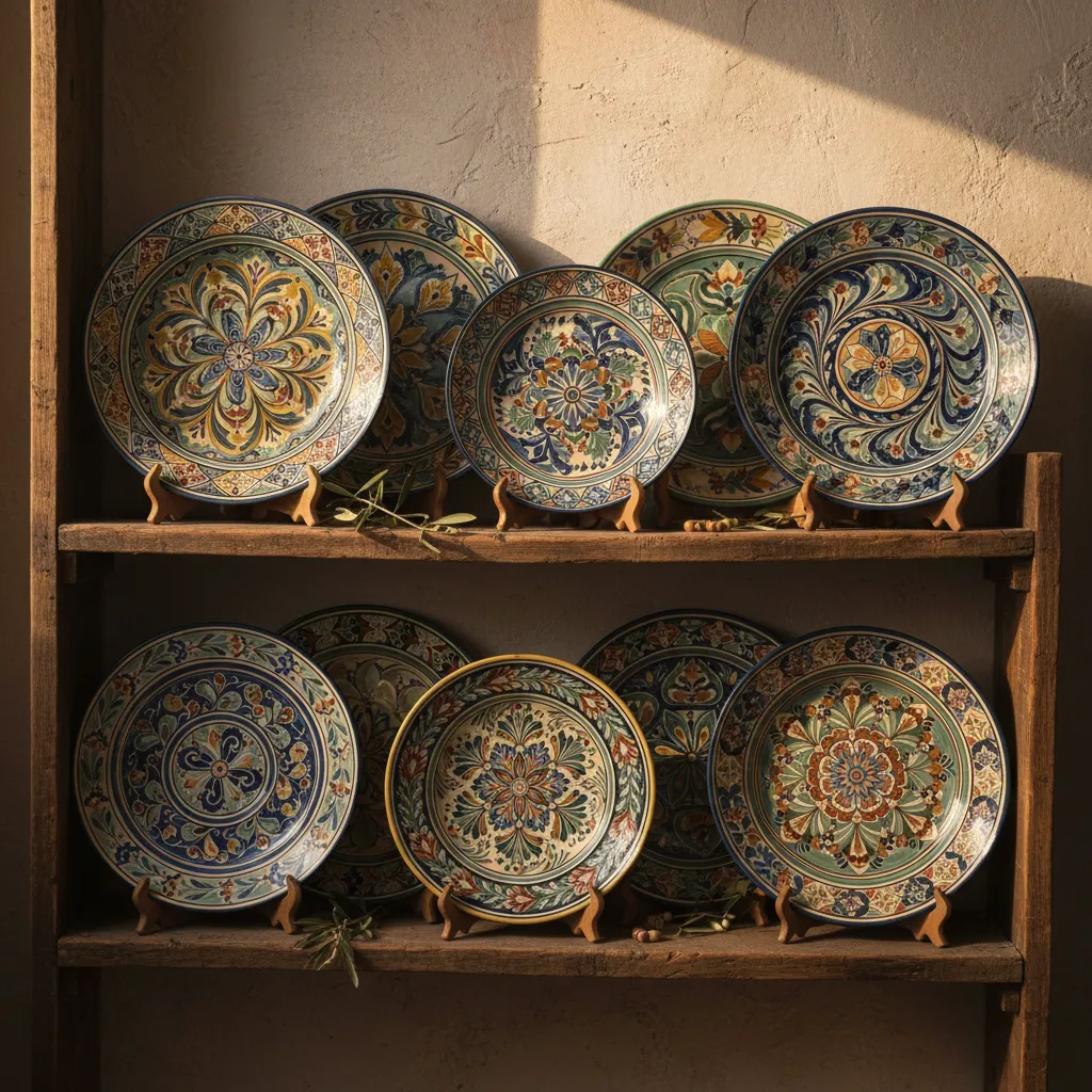 Display of handmade Palestinian ceramic plates with traditional patterns