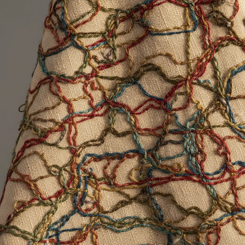 Backside of handmade Kashmiri embroidery showing thread paths