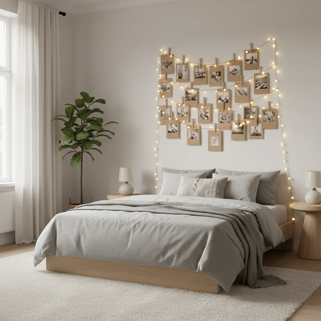 tường phòng ngủ trang trí bằng ảnh và đồ handmade