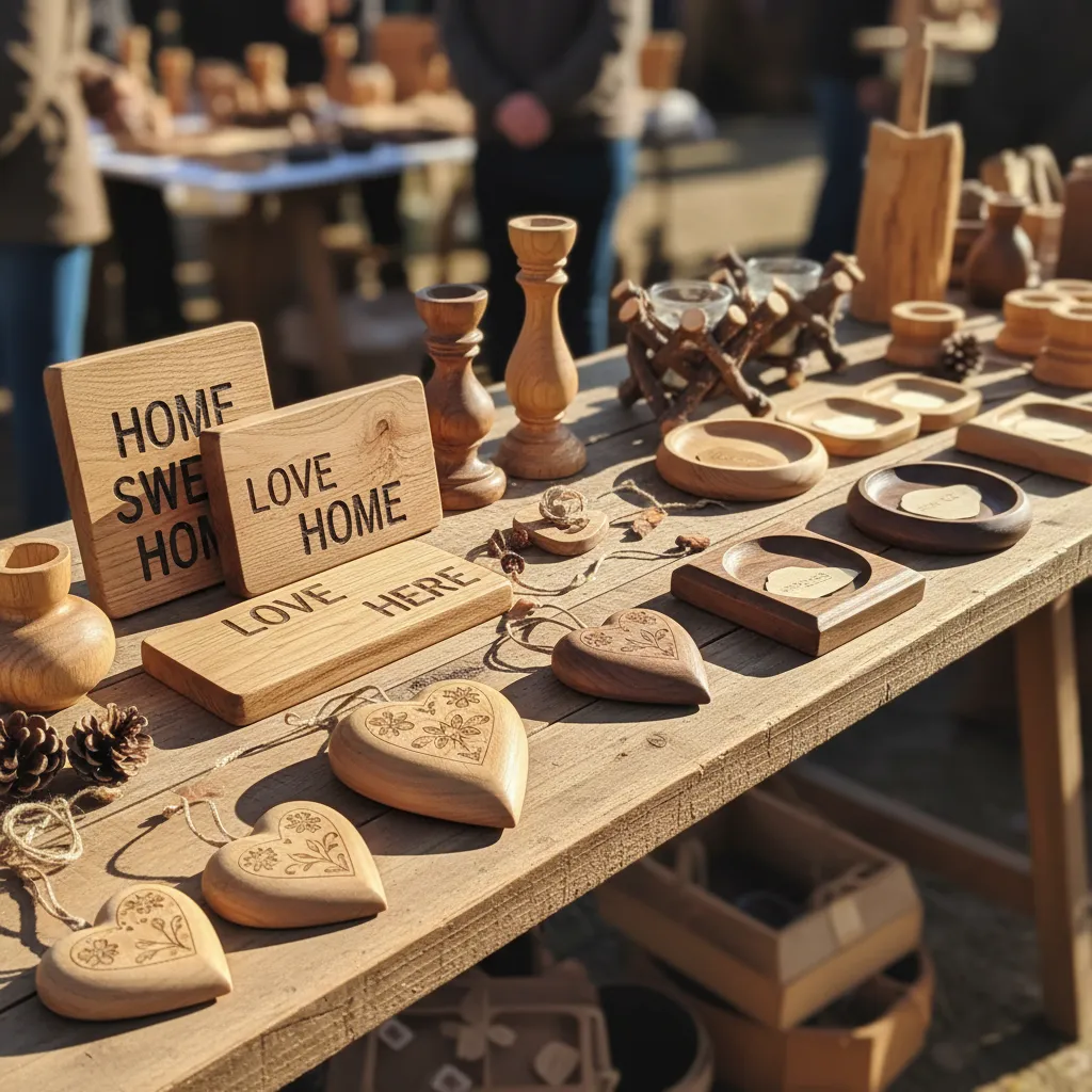 variety of handmade wooden decor items arranged on a craft table