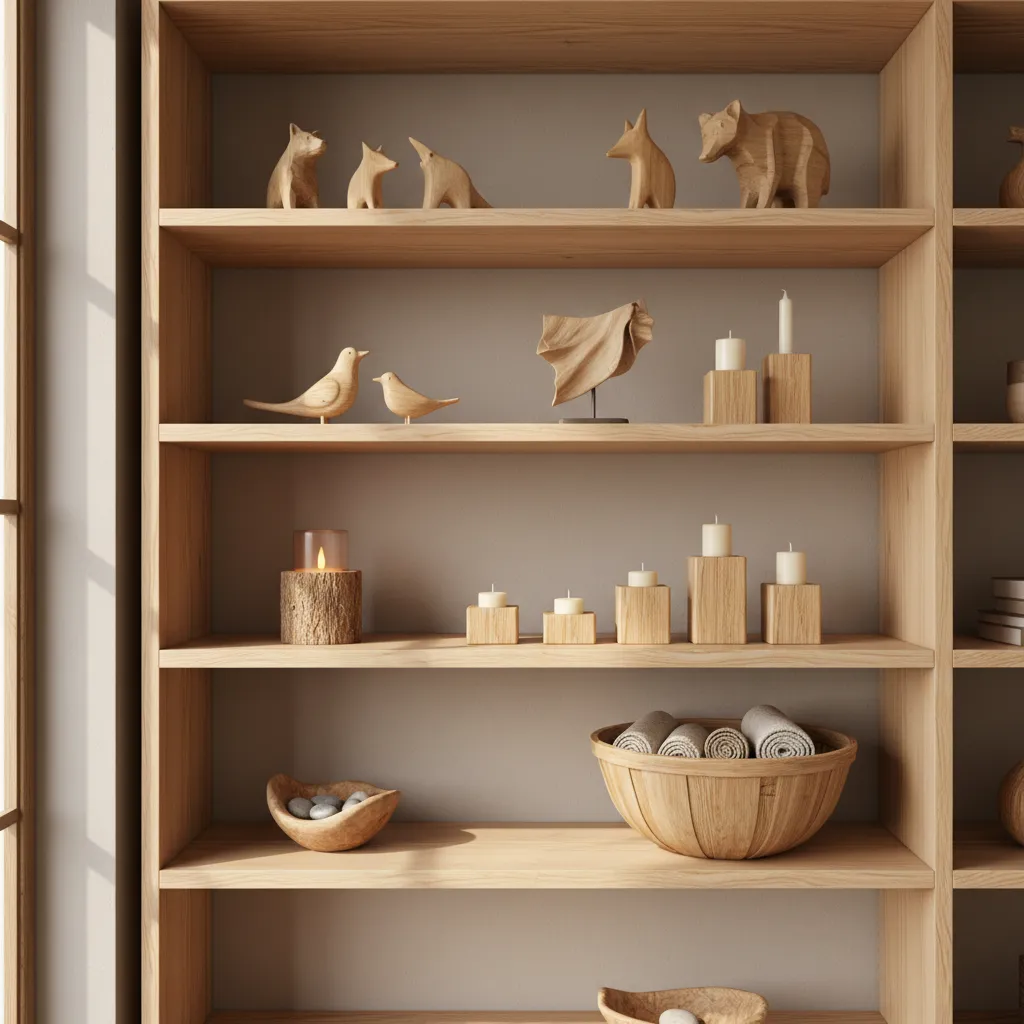 shelf with handmade wooden decorations in a cozy modern interior