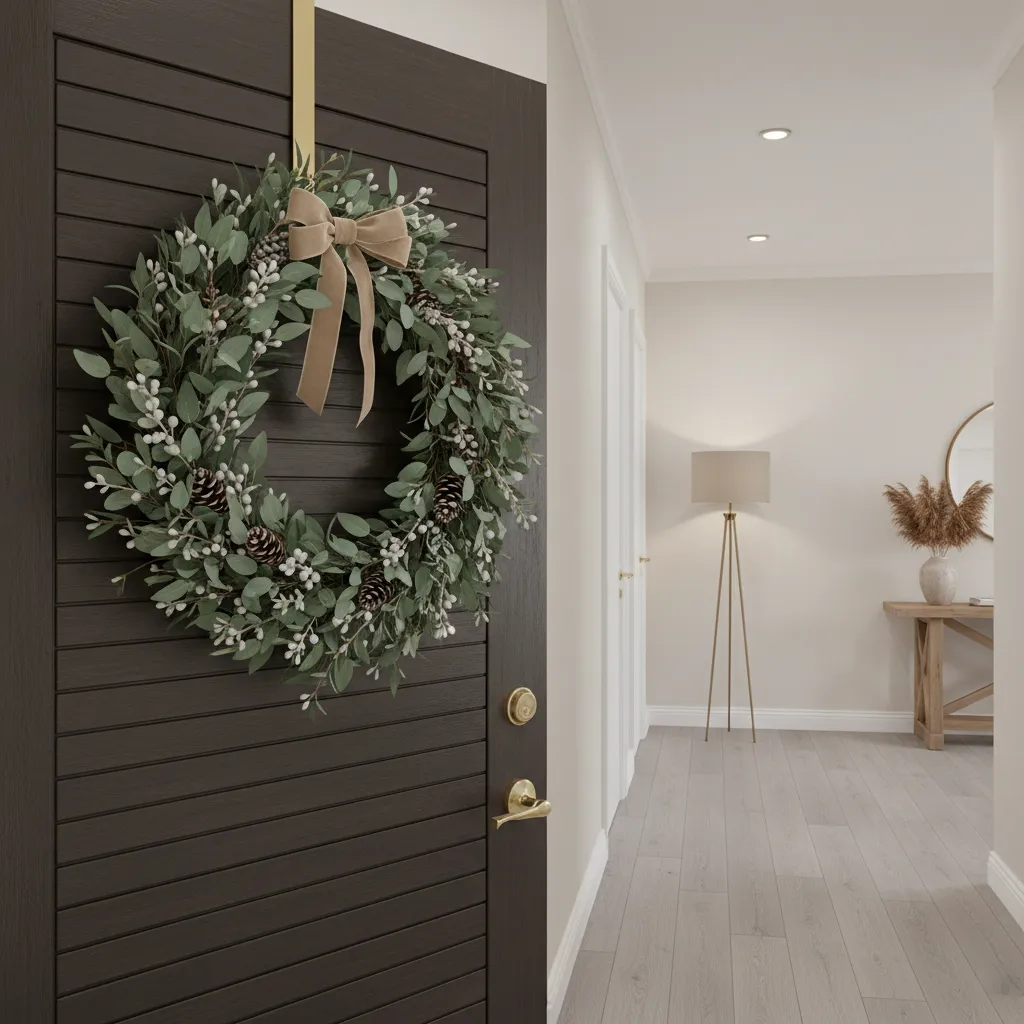 traditional wreath hanging on apartment door using over door hook