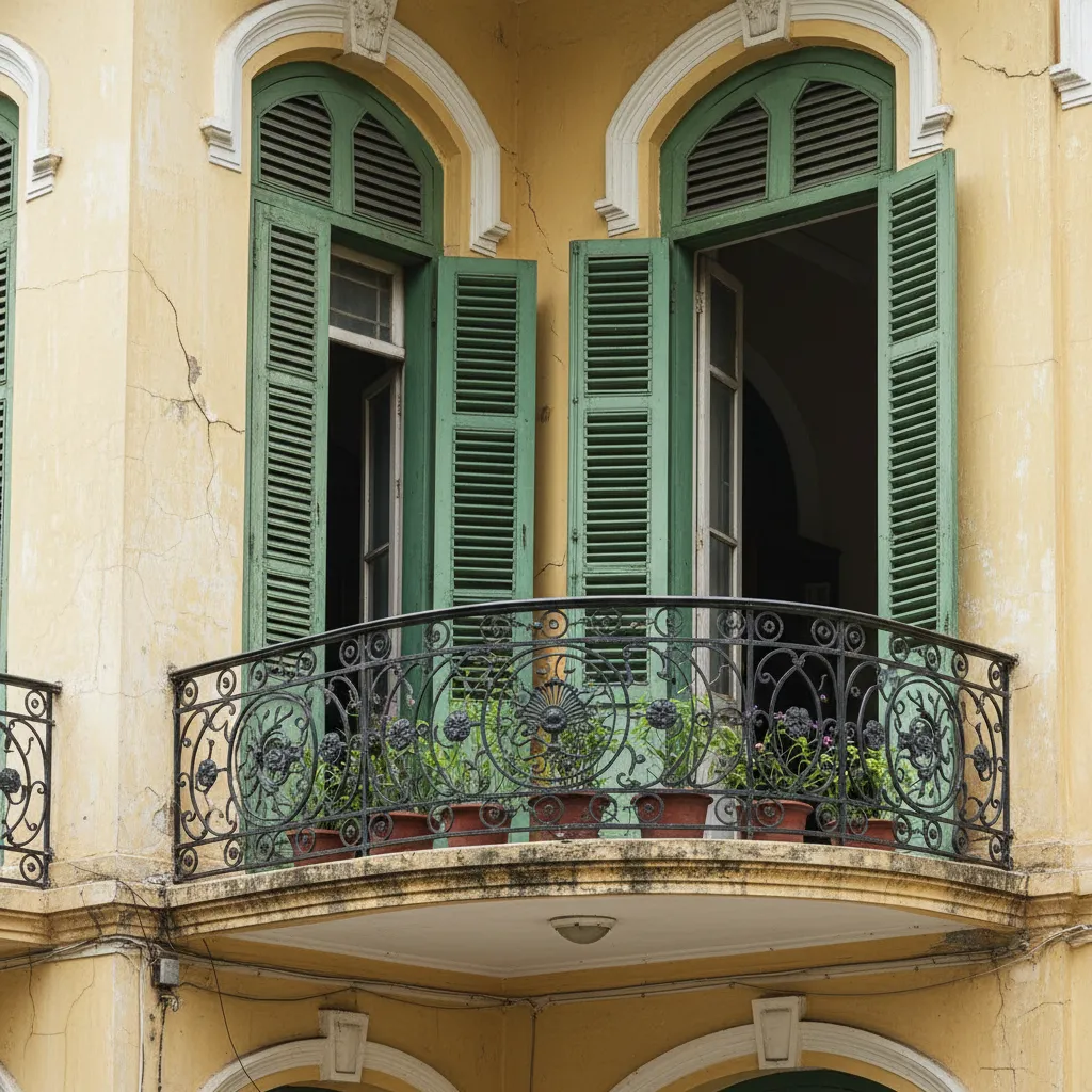 Cửa chớp xanh rêu và ban công sắt trong kiến trúc Hà Nội