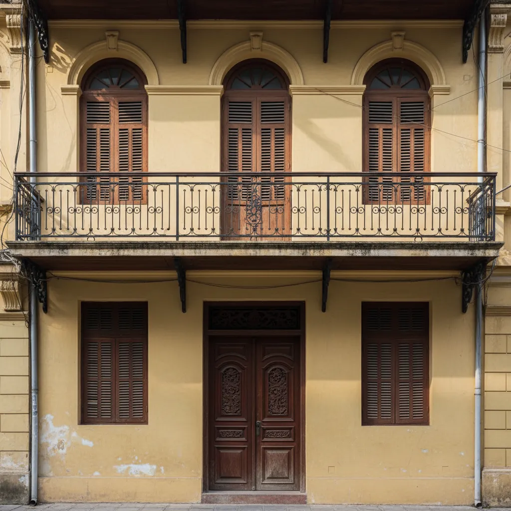 Mặt tiền nhà Hà Nội với tường vàng nhạt, cửa gỗ và lan can sắt