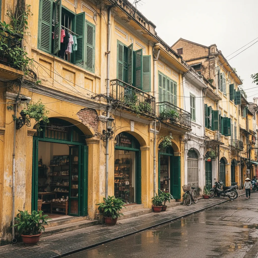 Dãy nhà phố Hà Nội với tường vàng nhạt và cửa sổ xanh rêu