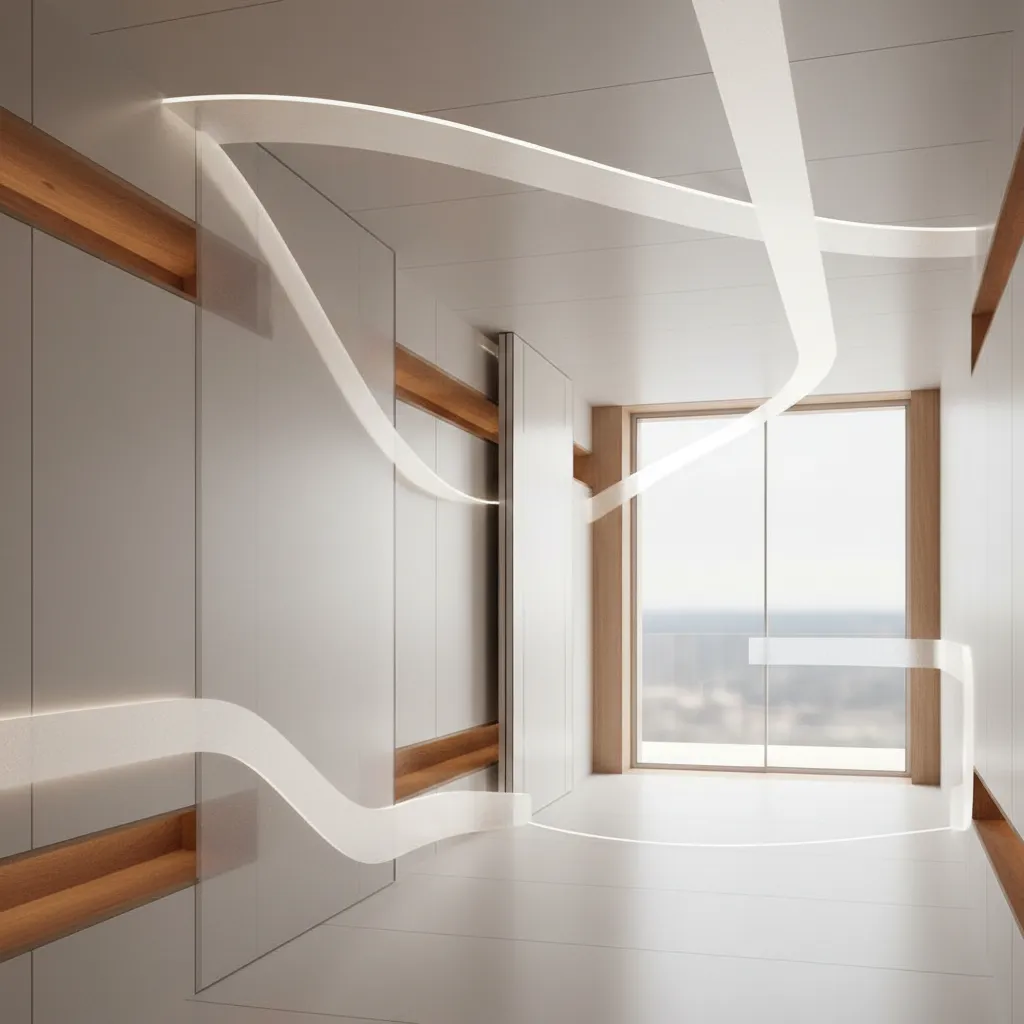 Modern interior design drawing with white walls wooden accents decorative light ribbons and a window
