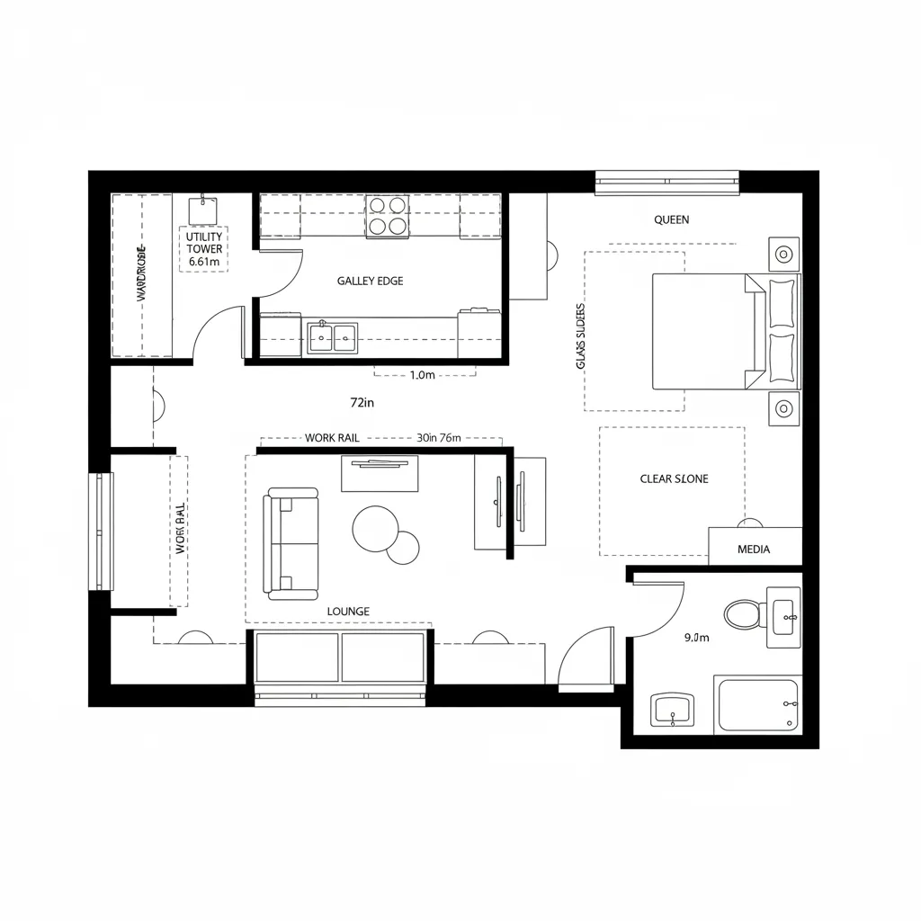 Black and white room layout showing a kitchen lounge area bedroom with bed and bathroom
