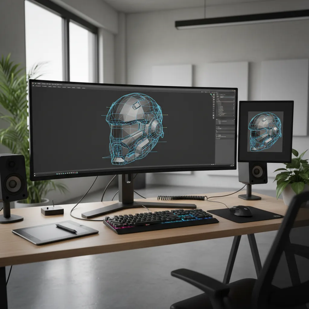 3D artist working on hard surface helmet model on computer
