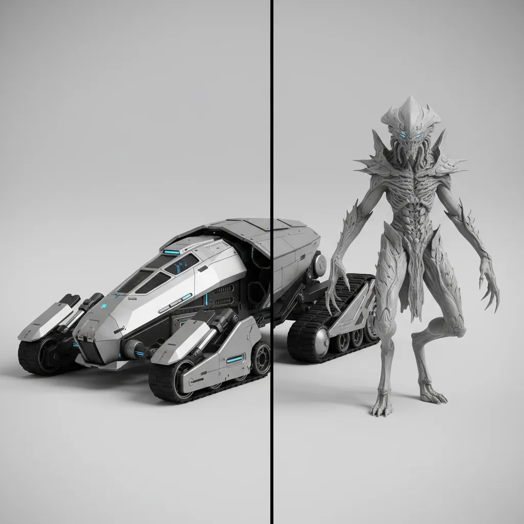 Hard surface mechanical model next to organic character sculpt