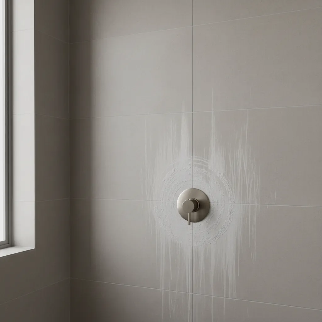 Hard water mineral buildup visible on shower tiles near faucet area